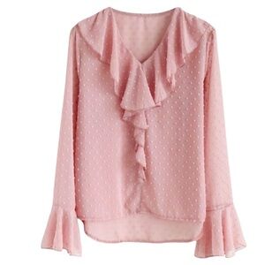 LOFT Swiss Dot V-Neck Ruffle Peasant Sleeve Bouse in Baby Pink Size XSP -- SWEET
